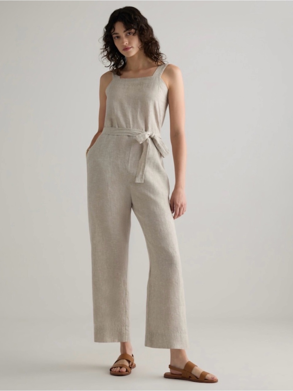 Quince Light Beige Sleeveless Linen Jumpsuit with Tie Waist No Belt adjustable